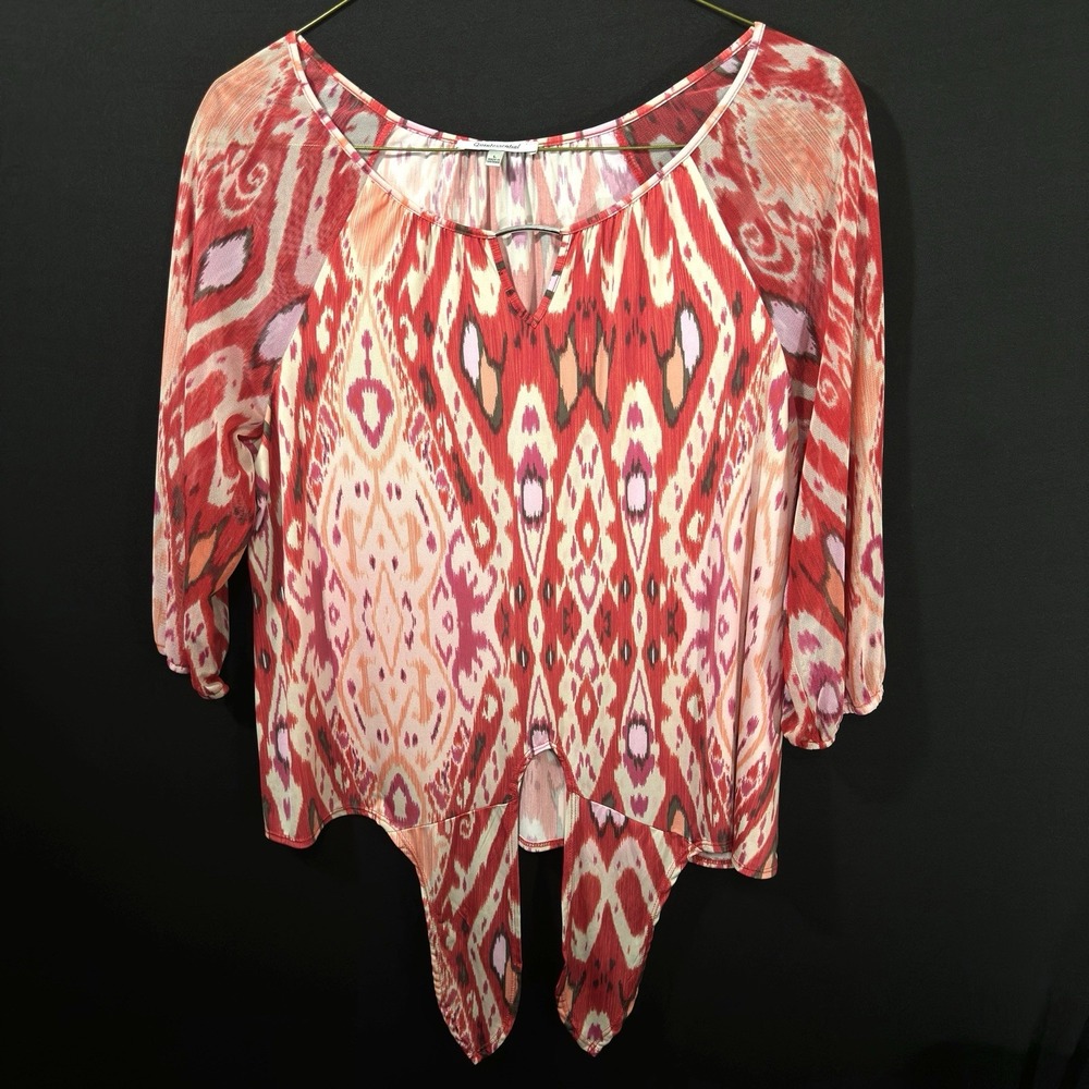 Quintessential Women's Red Sheer Bubble Top Bell Sleeve Blouse Geometric Size L‎